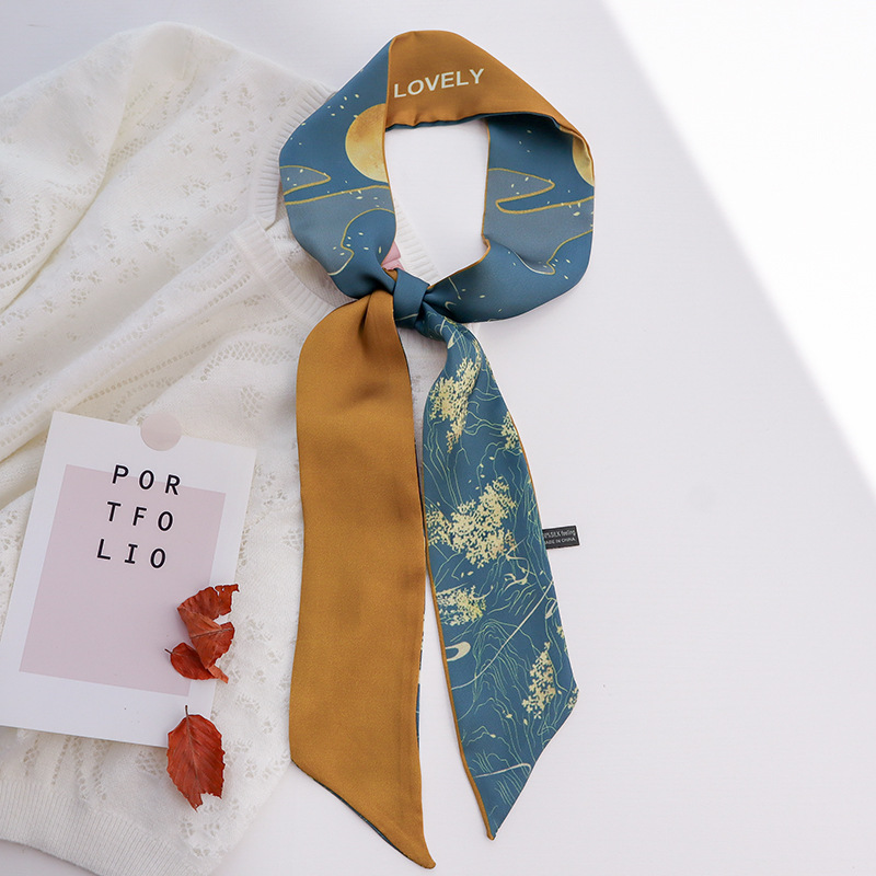 Hand-Painted Chinese Style Thin Narrow Strip Autumn and Winter New Thin Narrow Strip Arm Bag Small Silk Scarf Hair Band Ribbon Female Scarf