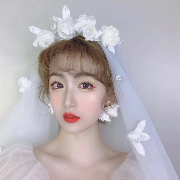 Super Fairy Mori Style Retro Hong Kong Style Flower Veil Bow Gloves Earrings Bridal Wedding Dress Accessories