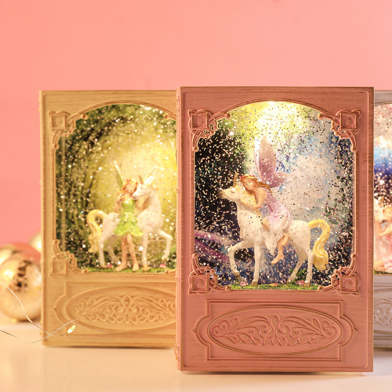 Dream Book Unicorn Princess Music Box Crystal Ball Music Box Floating Snowflake Creative Birthday Gift Handicraft