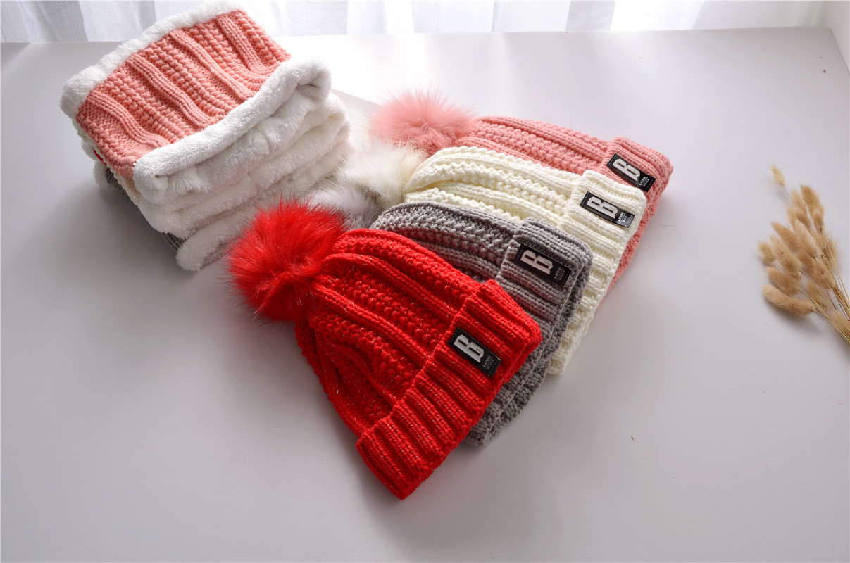 Outdoor Winter Fleece-Lined Thickened Woolen Cap Warm Ear Protection Fluffy Ball Cap Scarf Knitted Hat Suit Factory Wholesale