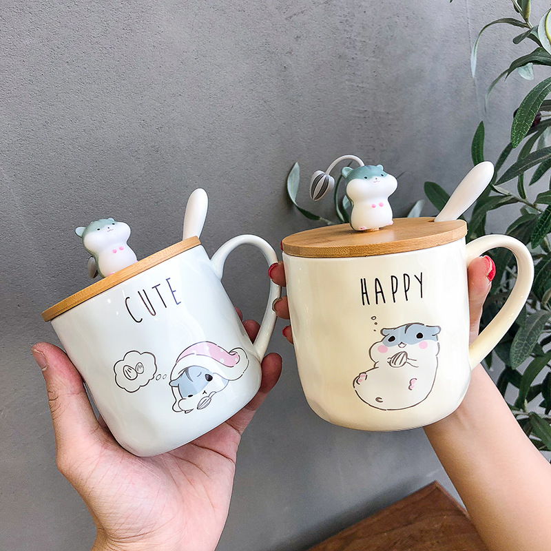 Creative Cartoon Hamster with Lid and Spoon Coloured Glaze Ceramic Cup Cute Men and Women Coffee Milk Cup Big Mug
