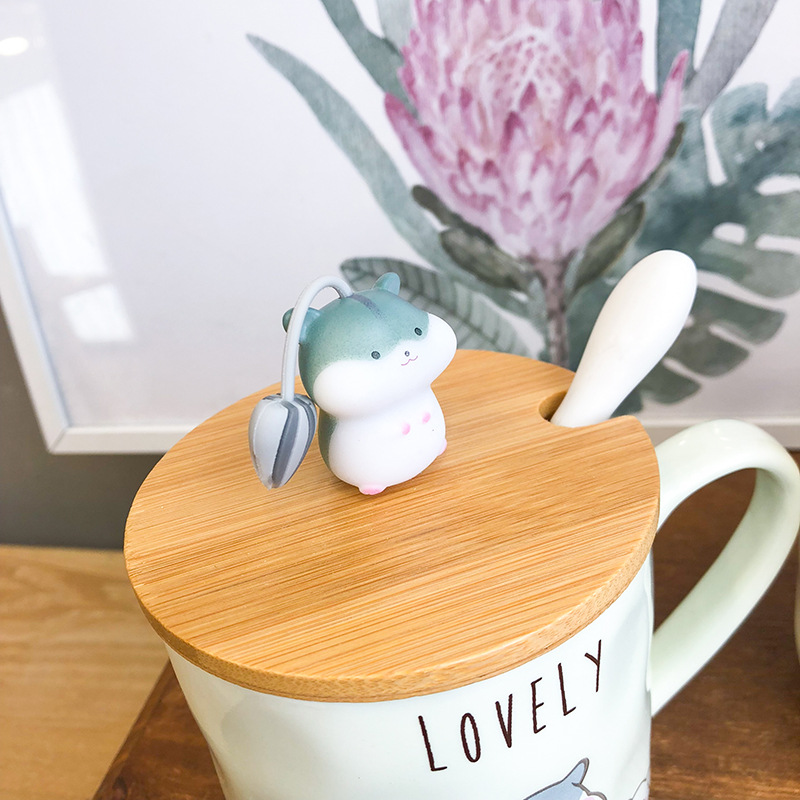 Creative Cartoon Hamster with Lid and Spoon Coloured Glaze Ceramic Cup Cute Men and Women Coffee Milk Cup Big Mug