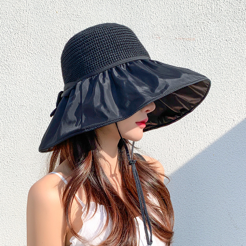 Black Rubber Beach Sun Hat Female Summer Hollow-out Straw Hat UV Wide Brim Face Cover Sun-Proof Bow Fisherman Hat