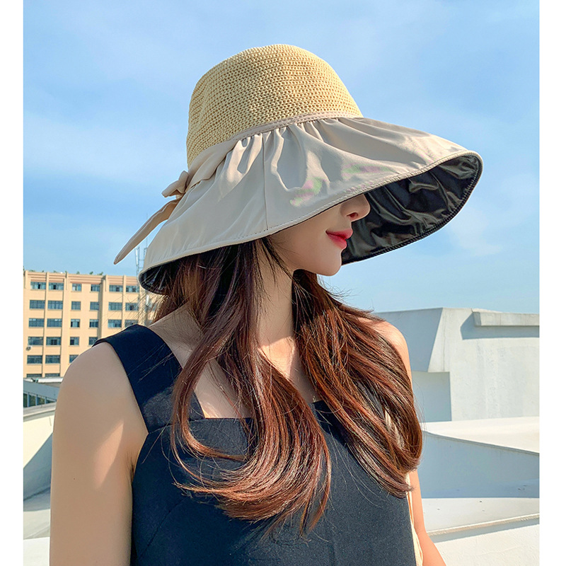 Black Rubber Beach Sun Hat Female Summer Hollow-out Straw Hat UV Wide Brim Face Cover Sun-Proof Bow Fisherman Hat