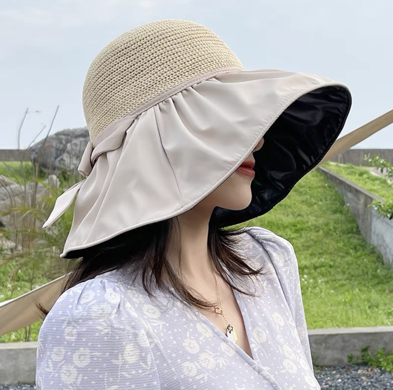 Vinyl Bow Sunhat Women&#039;s Summer Hollow-out Straw Hat UV Big Brim Face-Covering Sun-Proof Sun Fisherman Hat