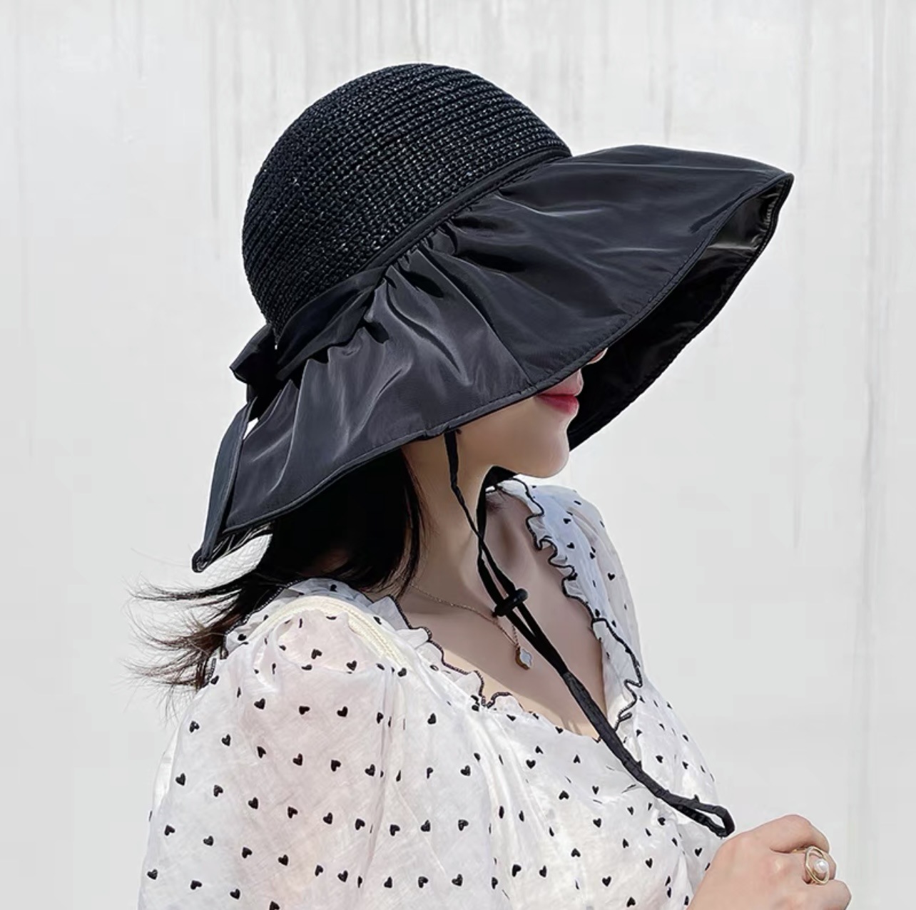 Vinyl Bow Sunhat Women&#039;s Summer Hollow-out Straw Hat UV Big Brim Face-Covering Sun-Proof Sun Fisherman Hat