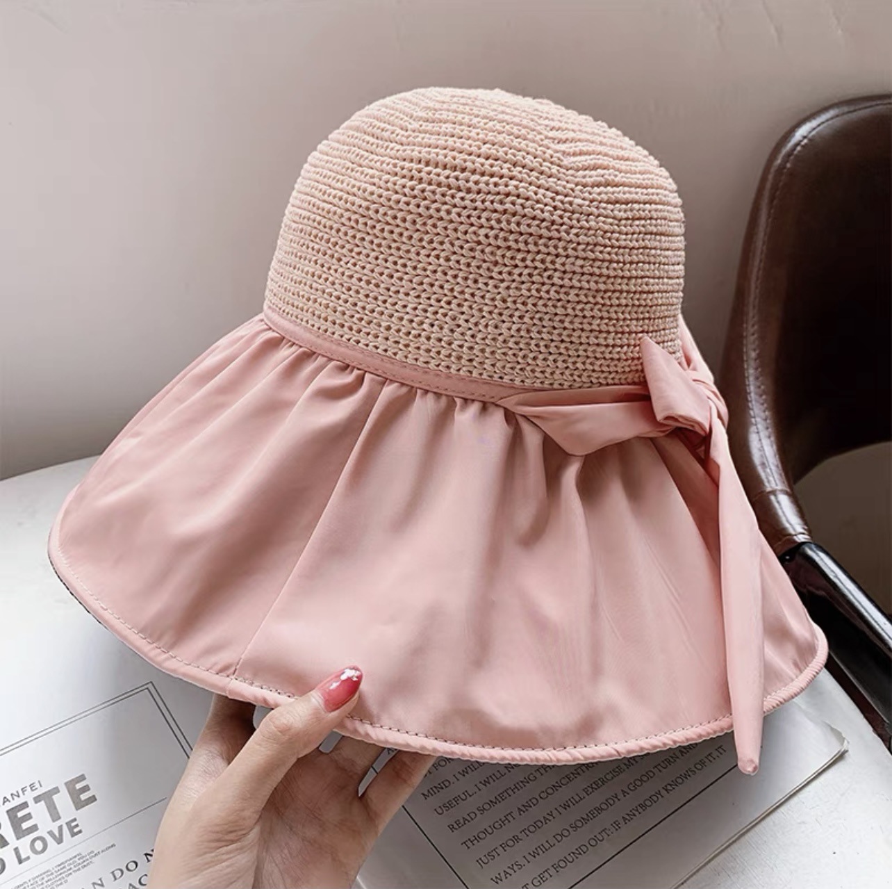 Vinyl Bow Sunhat Women&#039;s Summer Hollow-out Straw Hat UV Big Brim Face-Covering Sun-Proof Sun Fisherman Hat