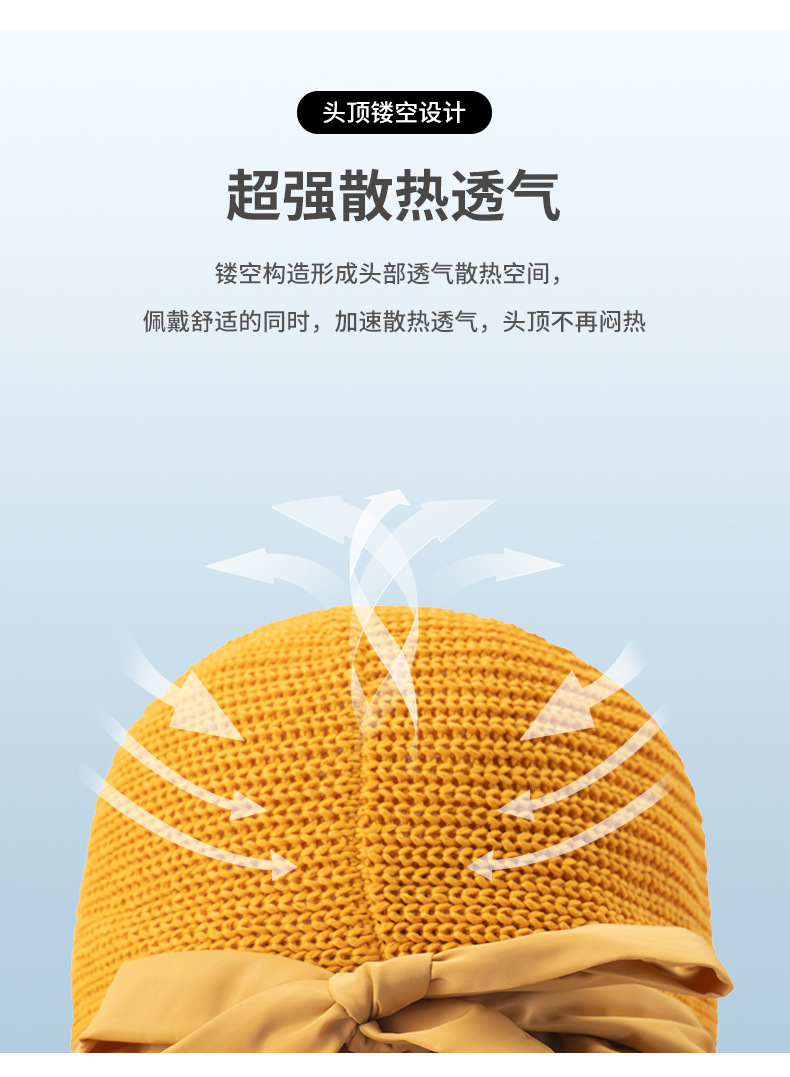 Vinyl Bow Sunhat Women's Summer Hollow-out Straw Hat UV Big Brim Face-Covering Sun-Proof Sun Fisherman Hat