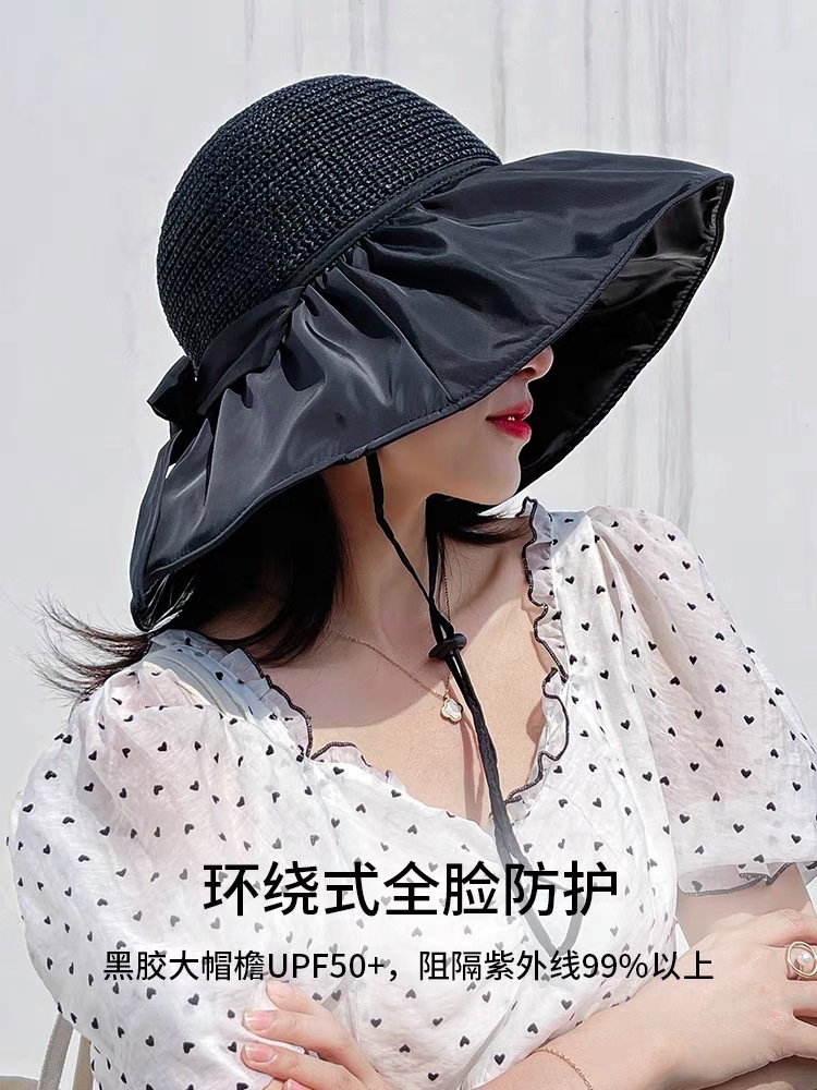 Vinyl Bow Sunhat Women's Summer Hollow-out Straw Hat UV Big Brim Face-Covering Sun-Proof Sun Fisherman Hat