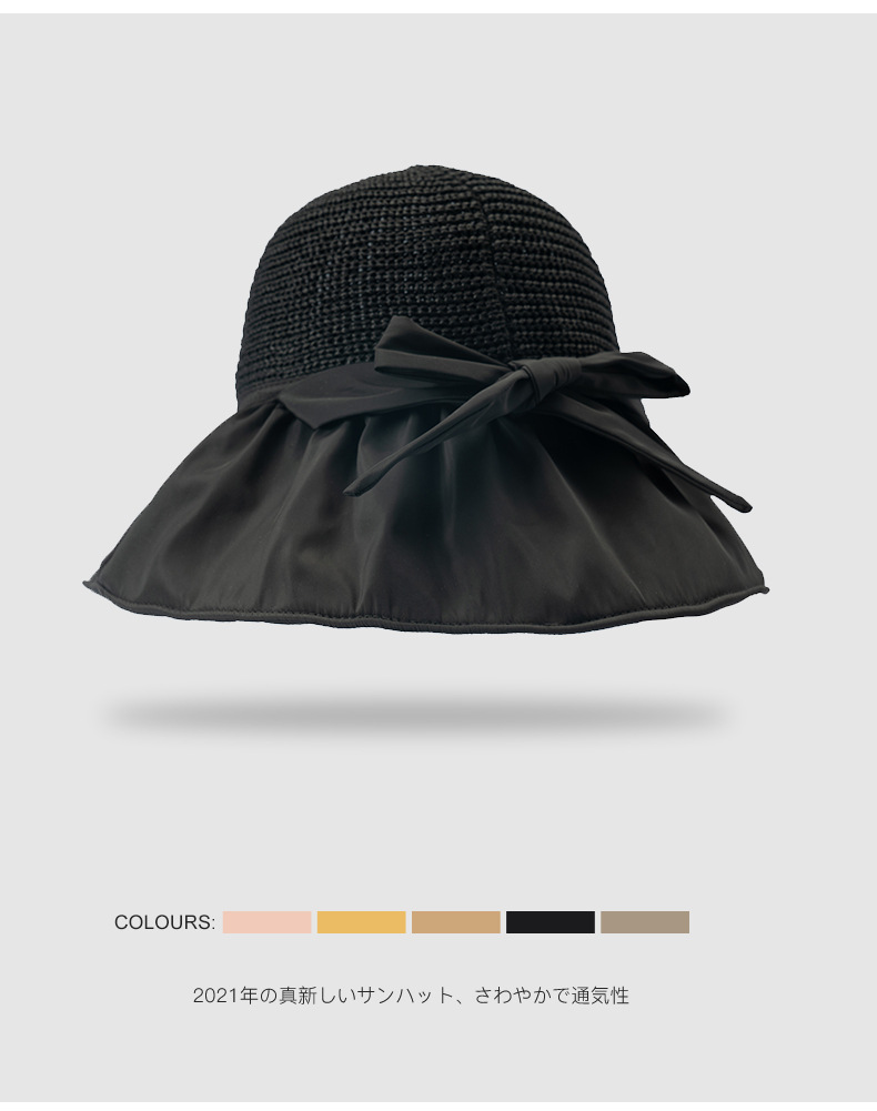 Vinyl Bow Sunhat Women's Summer Hollow-out Straw Hat UV Big Brim Face-Covering Sun-Proof Sun Fisherman Hat
