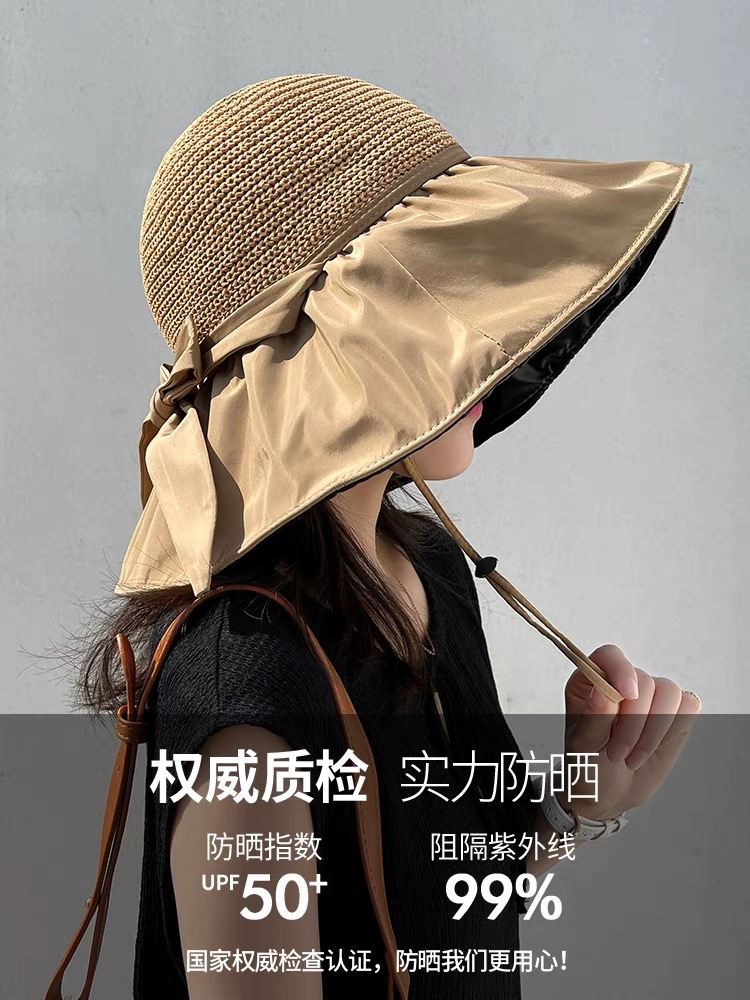 Vinyl Bow Sunhat Women's Summer Hollow-out Straw Hat UV Big Brim Face-Covering Sun-Proof Sun Fisherman Hat