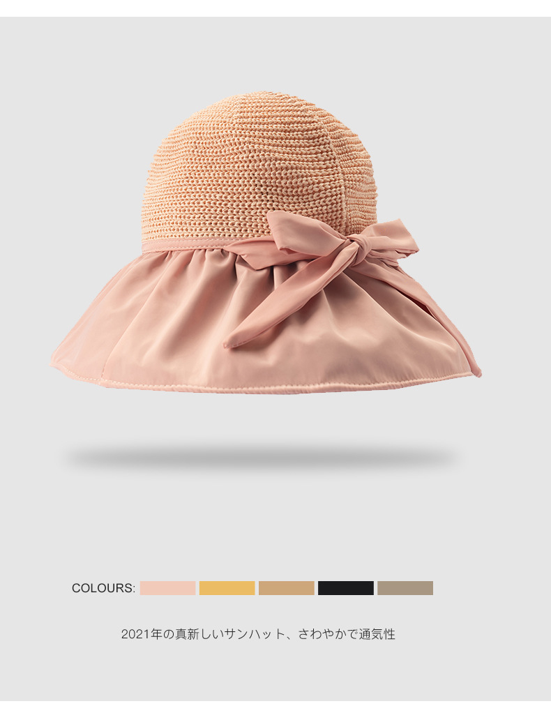 Vinyl Bow Sunhat Women's Summer Hollow-out Straw Hat UV Big Brim Face-Covering Sun-Proof Sun Fisherman Hat