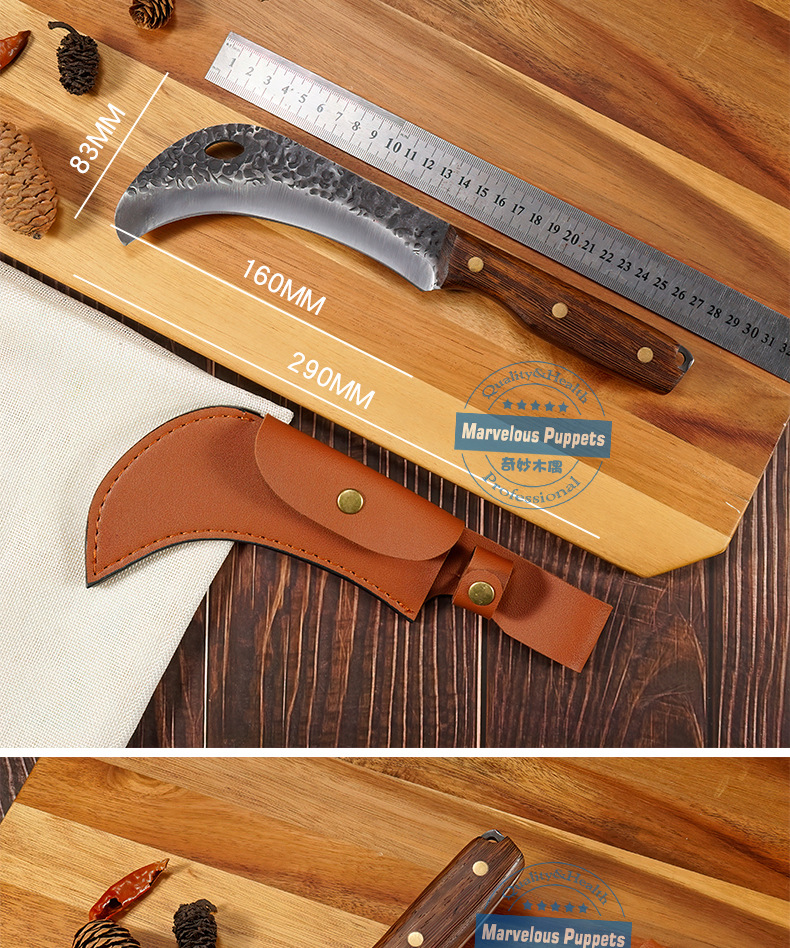 Factory Forged Hammer Pattern Eagle Sickle Durian Knife Banana Outdoor Olecranon Sickle Wooden Handle Utility Knife Camping Picnic Leather Case Factory Forged Hammer Pattern Eagle Sickle Durian Knife Banana Outdoor Olecranon Sickle Wooden Handle Utility Knife Camping Picnic Leather Case