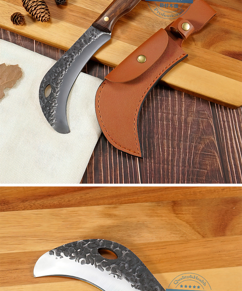 Factory Forged Hammer Pattern Eagle Sickle Durian Knife Banana Outdoor Olecranon Sickle Wooden Handle Utility Knife Camping Picnic Leather Case Factory Forged Hammer Pattern Eagle Sickle Durian Knife Banana Outdoor Olecranon Sickle Wooden Handle Utility Knife Camping Picnic Leather Case