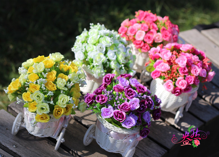 Artificial Flower Small Float Set Bicycle Woven Flower Basket Fake Flower Diamond Rose Wholesale Flower Ceiling