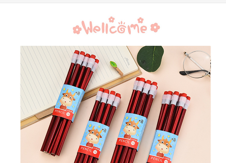 Shunfu New High-End Children Student Writing Pure Red round Brush Pot Big Leather Tip HB Pencil Wholesale Factory Direct Sales
