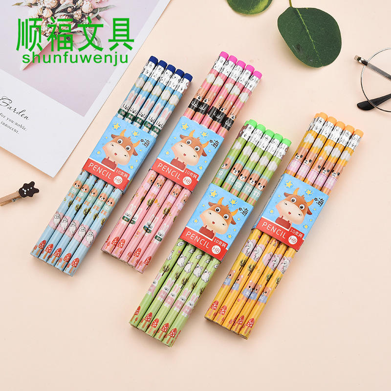 Shunfu Stationery Wooden round Brush Pot Cartoon Mantle Student Kindergarten HB Writing Drawing Pencil Wholesale