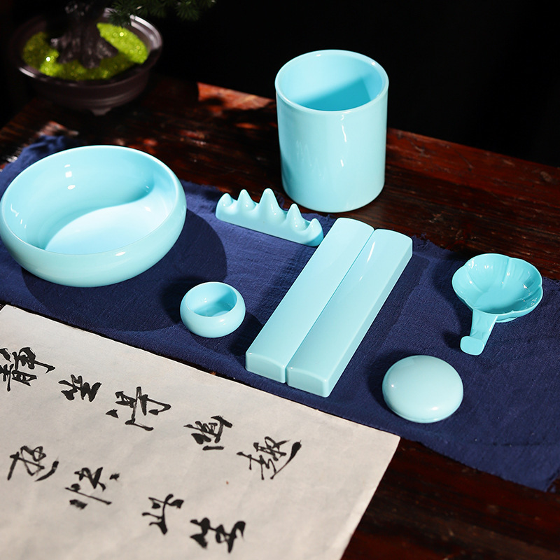 Calligraphy Materials Accessories Imitation Jade Writing-Brush Washer Pen Holder Paperweight Pen Holder Melamine Plastic Drop-Resistant Washed Paper Weight Pen Holder