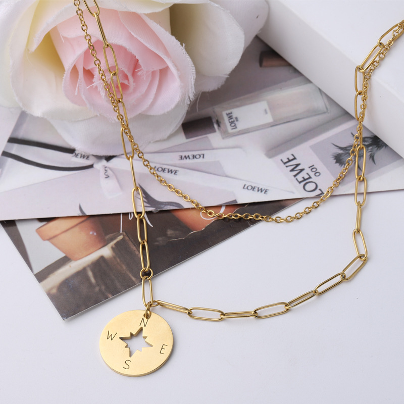 Factory Direct Sales Mirror Stainless Steel round Hollow Compass Compass Pendant Double Layer Hip Hop Style Handmade Ornament