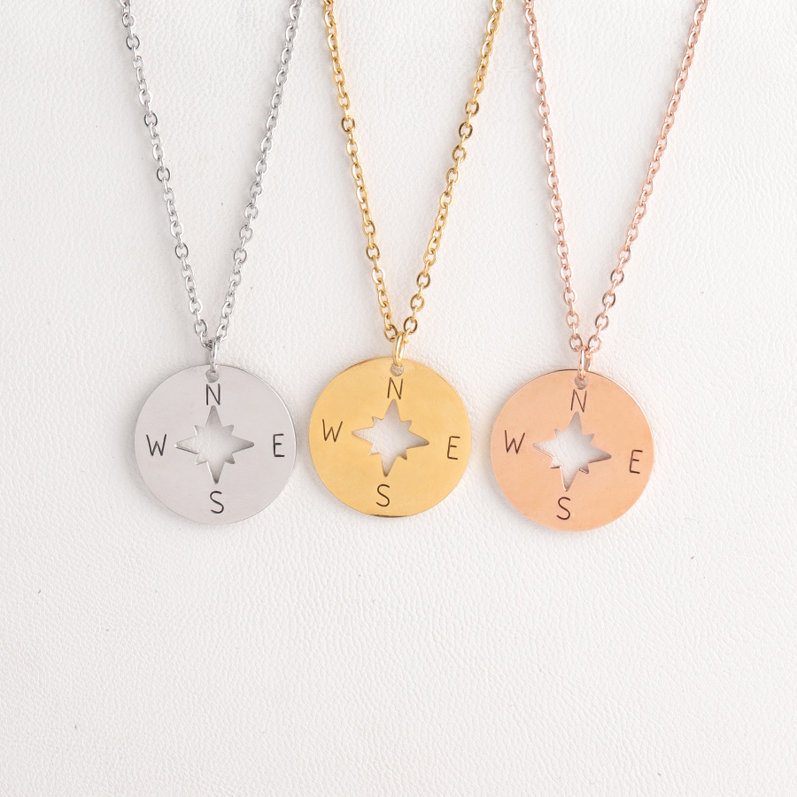 Compass Necklace Mirror Stainless Steel round Hollow Compass Compass Pendant Hip Hop Style Handmade Ornament