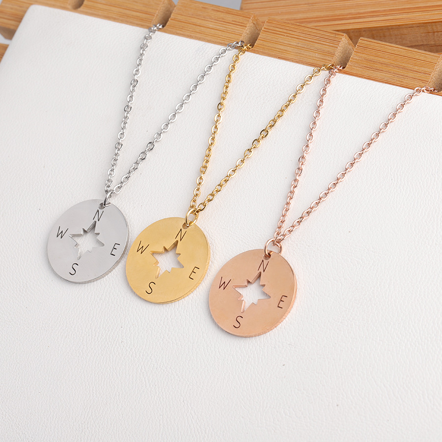 Compass Necklace Mirror Stainless Steel round Hollow Compass Compass Pendant Hip Hop Style Handmade Ornament