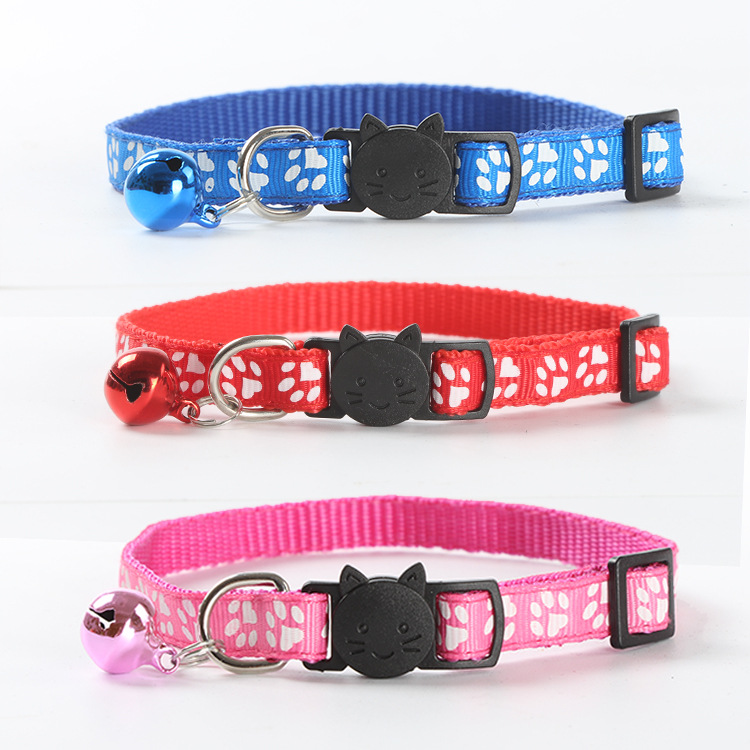Factory Direct Supply Pet Supplies Printing Footprints Ribbon Safety Buckle Cat Head Release Buckle Collar Color Bell Collar