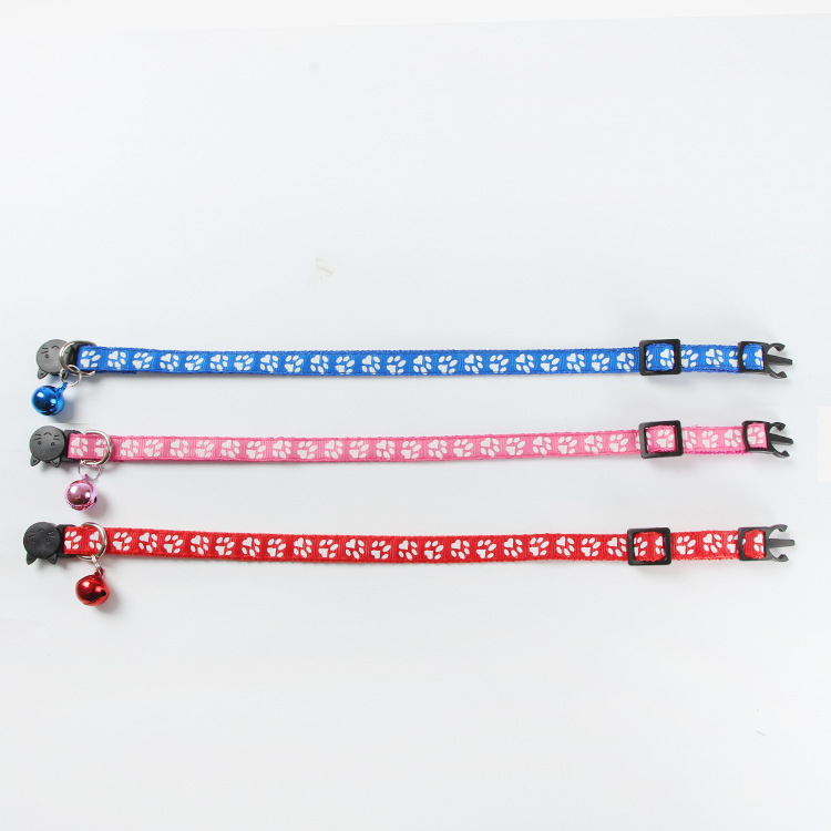Factory Direct Supply Pet Supplies Printing Footprints Ribbon Safety Buckle Cat Head Release Buckle Collar Color Bell Collar