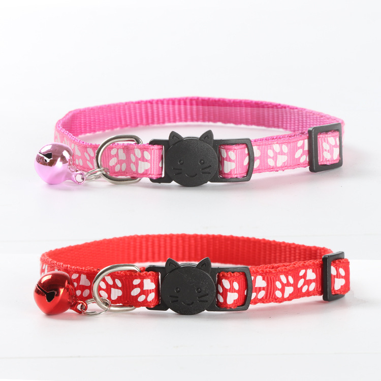 Factory Direct Supply Pet Supplies Printing Footprints Ribbon Safety Buckle Cat Head Release Buckle Collar Color Bell Collar Factory Direct Supply Pet Supplies Printing Footprints Ribbon Safety Buckle Cat Head Release Buckle Collar Color Bell Collar