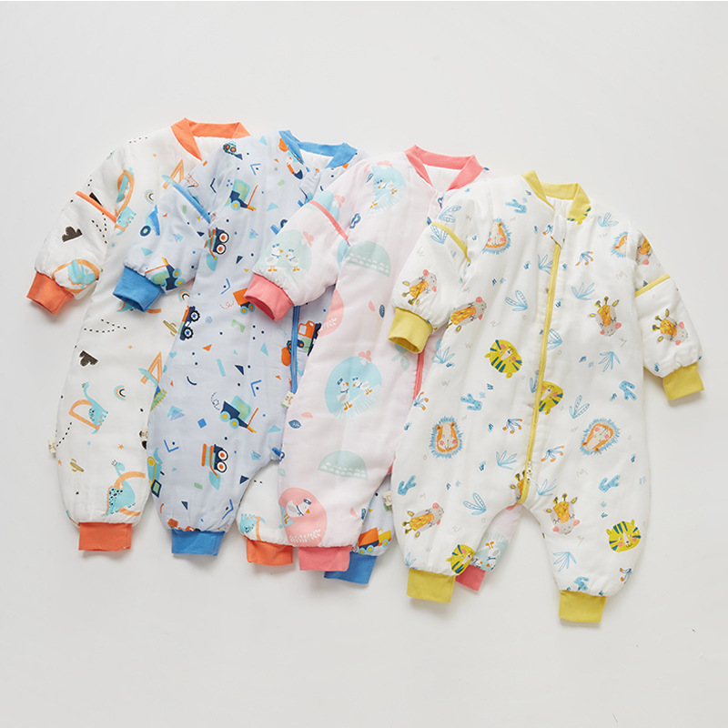 Autumn and Winter Thin Cotton Split Leg Newborn Removable Sleeve Children Sleeping Bag Anti-Kicking Blanket Baby Jumpsuits Baby Gauze Sleeping Bag