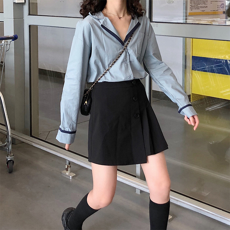 Autumn OL wind shirt black and white simple blouse female black and white Mosaic loose version off rotator cuff shirt female