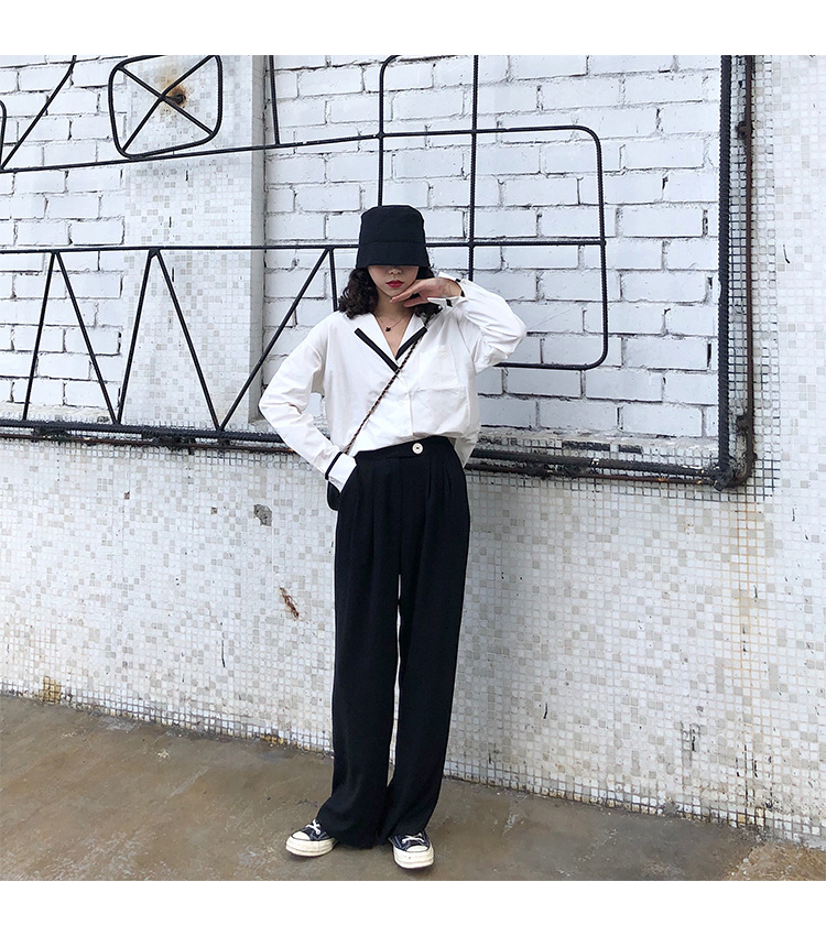 Autumn OL wind shirt black and white simple blouse female black and white Mosaic loose version off rotator cuff shirt female