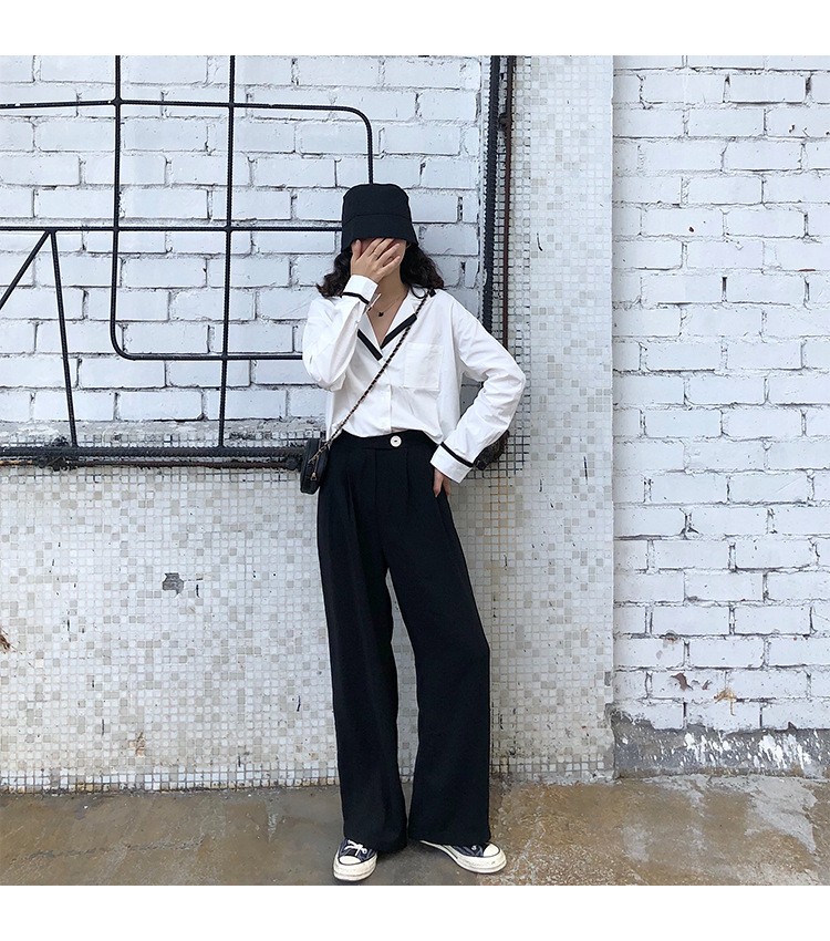 Autumn OL wind shirt black and white simple blouse female black and white Mosaic loose version off rotator cuff shirt female