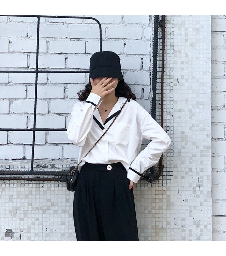 Autumn OL wind shirt black and white simple blouse female black and white Mosaic loose version off rotator cuff shirt female