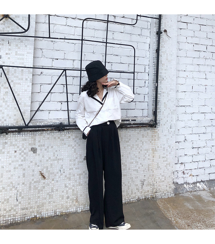 Autumn OL wind shirt black and white simple blouse female black and white Mosaic loose version off rotator cuff shirt female