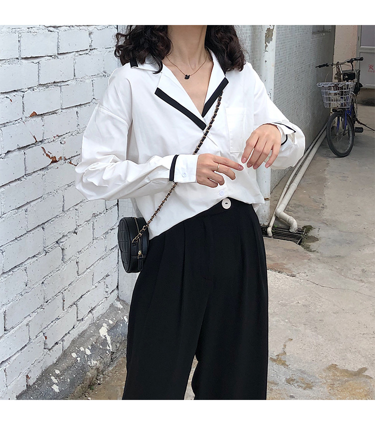 Autumn OL wind shirt black and white simple blouse female black and white Mosaic loose version off rotator cuff shirt female