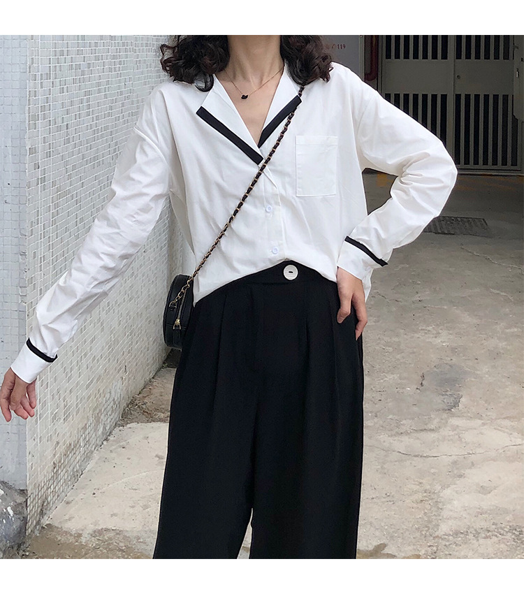 Autumn OL wind shirt black and white simple blouse female black and white Mosaic loose version off rotator cuff shirt female