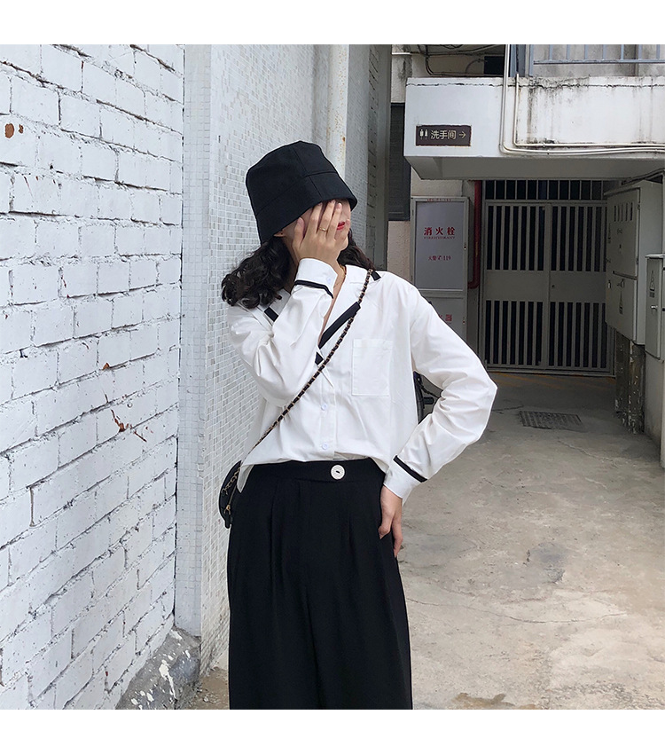 Autumn OL wind shirt black and white simple blouse female black and white Mosaic loose version off rotator cuff shirt female