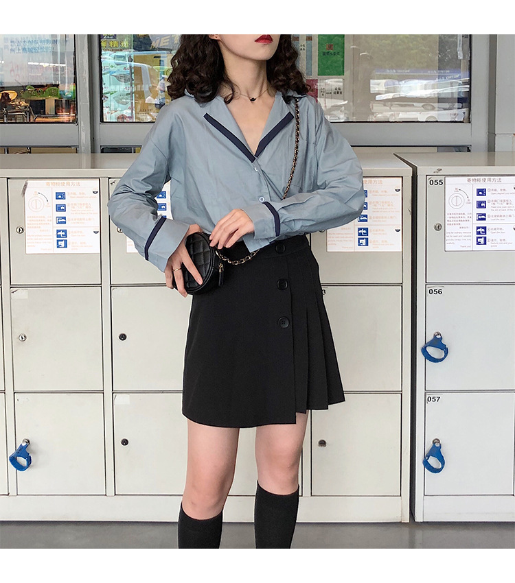 Autumn OL wind shirt black and white simple blouse female black and white Mosaic loose version off rotator cuff shirt female