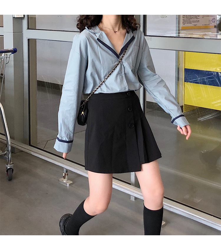 Autumn OL wind shirt black and white simple blouse female black and white Mosaic loose version off rotator cuff shirt female
