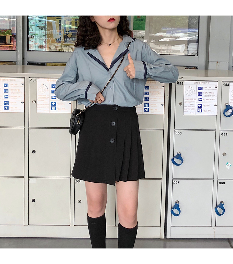 Autumn OL wind shirt black and white simple blouse female black and white Mosaic loose version off rotator cuff shirt female