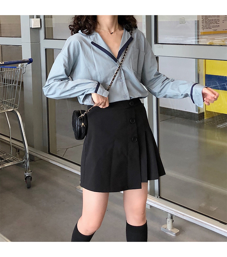 Autumn OL wind shirt black and white simple blouse female black and white Mosaic loose version off rotator cuff shirt female