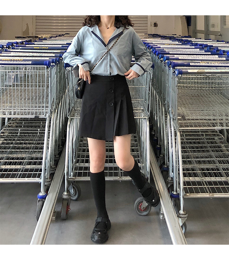 Autumn OL wind shirt black and white simple blouse female black and white Mosaic loose version off rotator cuff shirt female