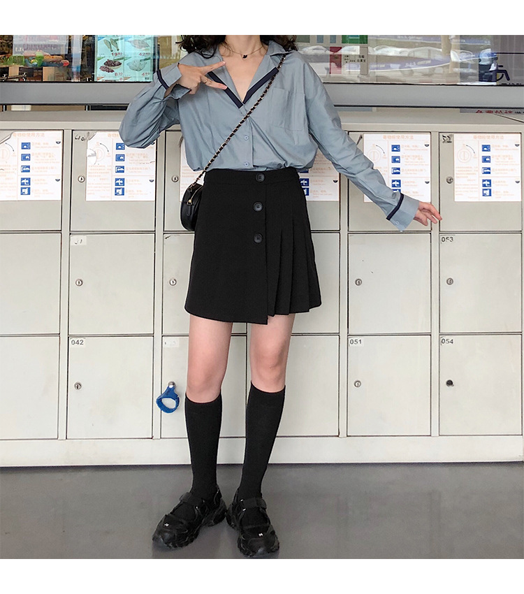 Autumn OL wind shirt black and white simple blouse female black and white Mosaic loose version off rotator cuff shirt female