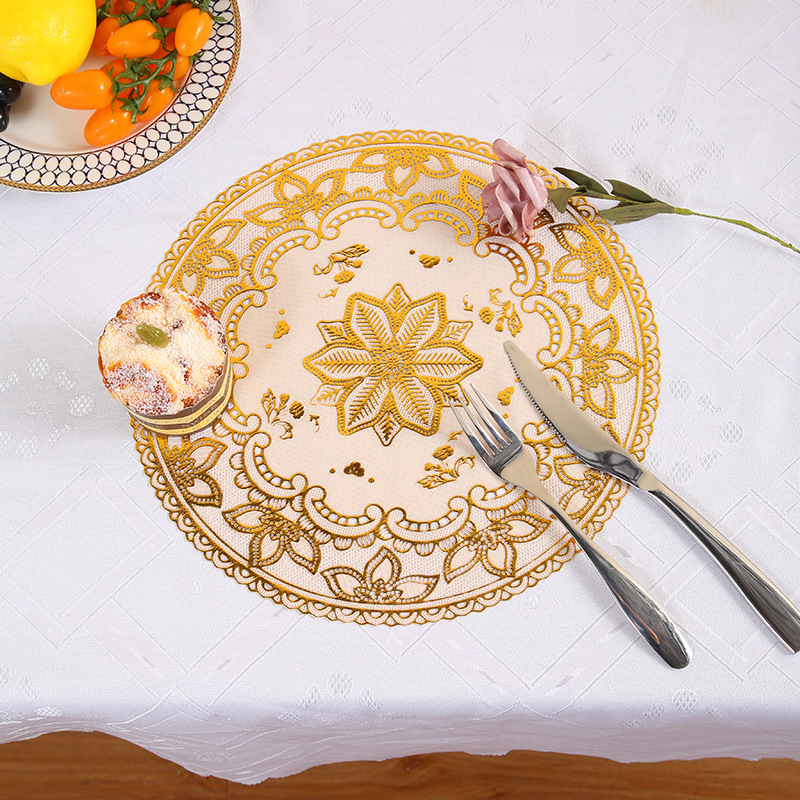 30 Circle Hollow Printing Placemat Bronzing Water-and Oil-Repellent xi can dian Thermal Shielded Table Mat PVC Plate Mat Creative Coaster 30 Circle Hollow Printing Placemat Bronzing Water-and Oil-Repellent xi can dian Thermal Shielded Table Mat PVC Plate Mat Creative Coaster