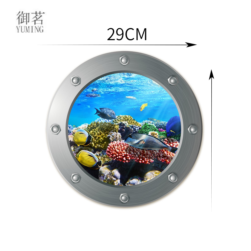 3D Window Shark Big White Shark Wall Stickers Circle and Creative Wallpaper Stickers Romantic Blue Underwater World Fish Group
