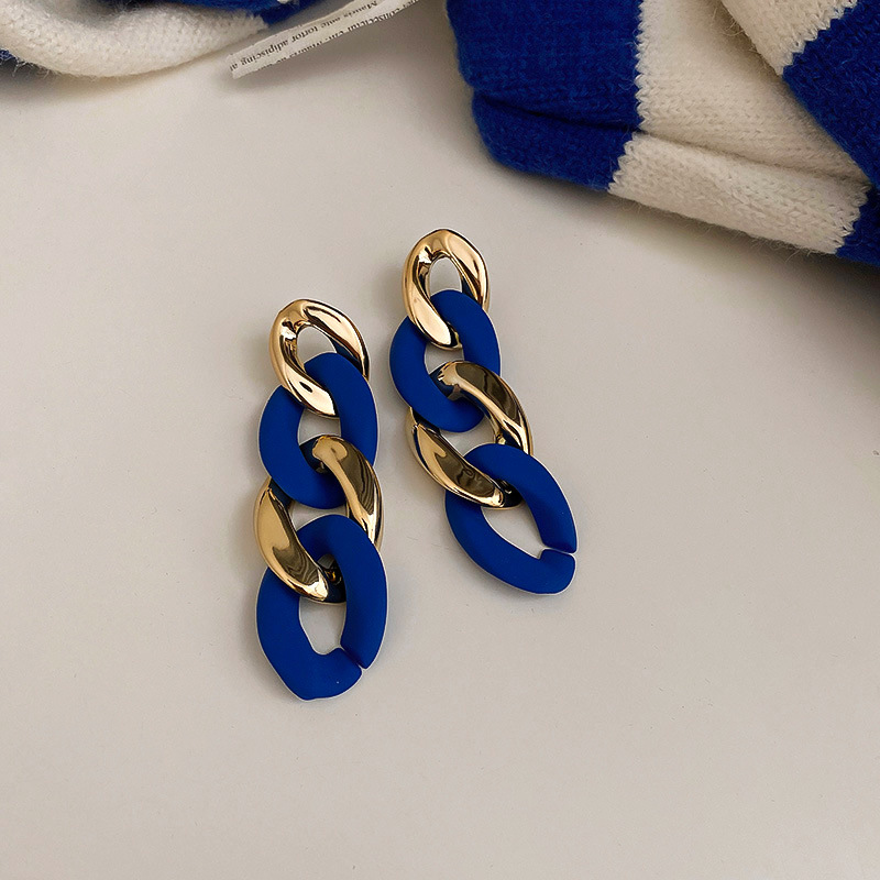 Klein Blue 925 Silver Needle Geometric Circle Chain Earrings Personalized and Temperamental Stud Earrings Ins High Sense Korean Earrings Klein Blue 925 Silver Needle Geometric Circle Chain Earrings Personalized and Temperamental Stud Earrings Ins High Sense Korean Earrings