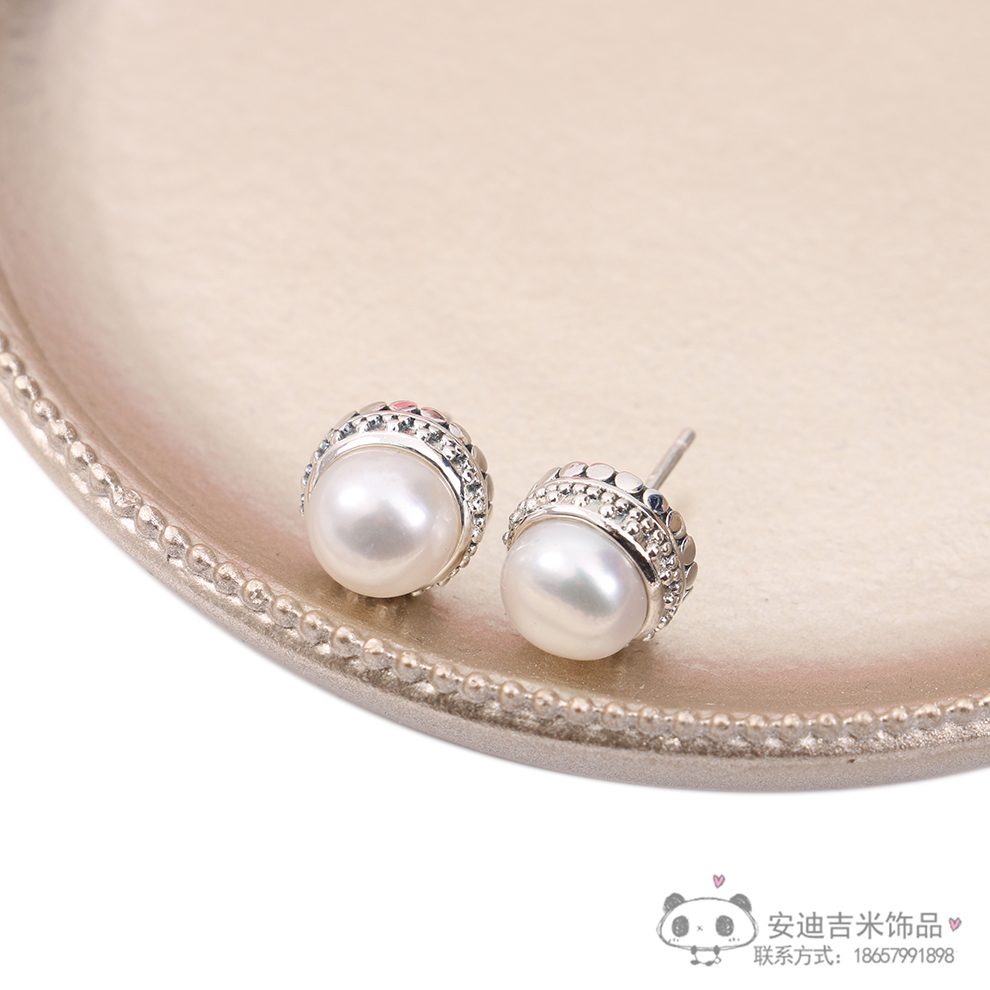 Partysu Temperamental Natural Freshwater Pearl Ear Studs 925 Silver Pattern Carving Circle Ear Studs Simple Female Wholesale