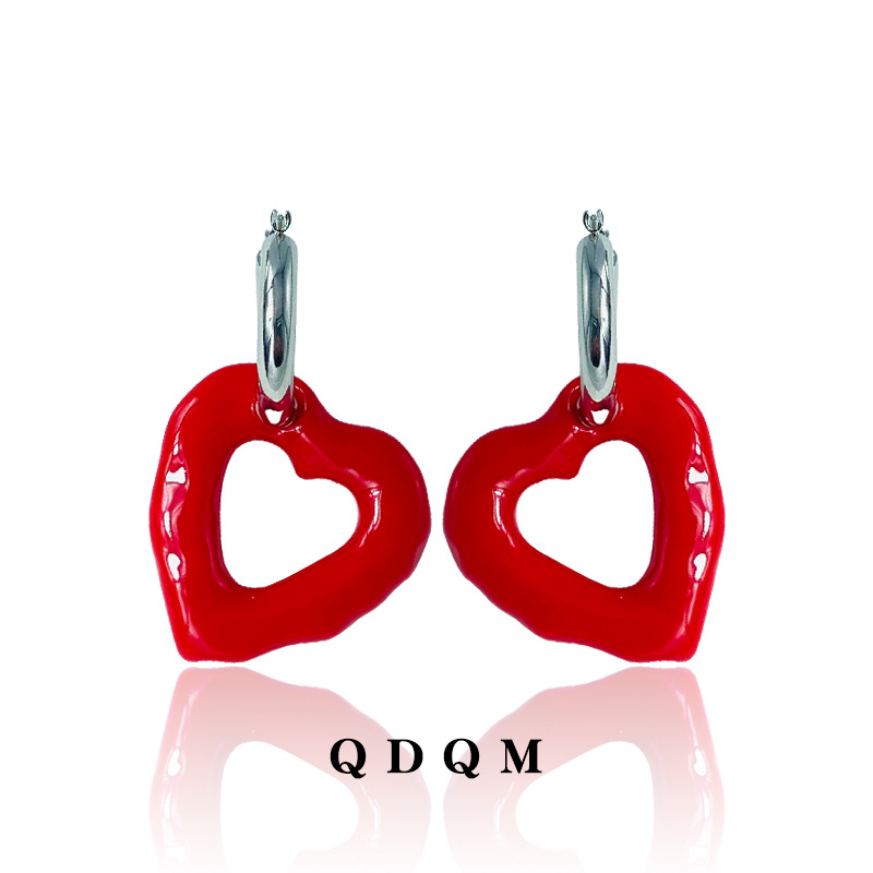 Qiao Men Original National Style Design Heart-Shaped Circle Earrings Chinese Red New Year Earrings Donut Love Heart Earrings Female