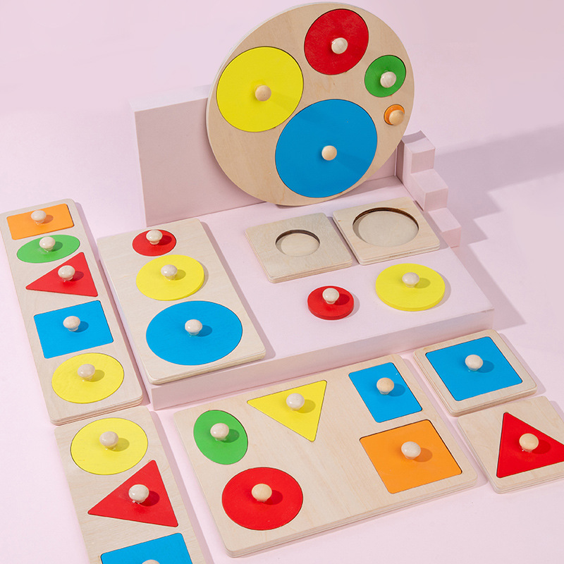 Montessori Teaching Aids Panel Geometric Figure Elbow-Board Infant Early Education Puzzle Cognitive Wooden Toys Factory Supply