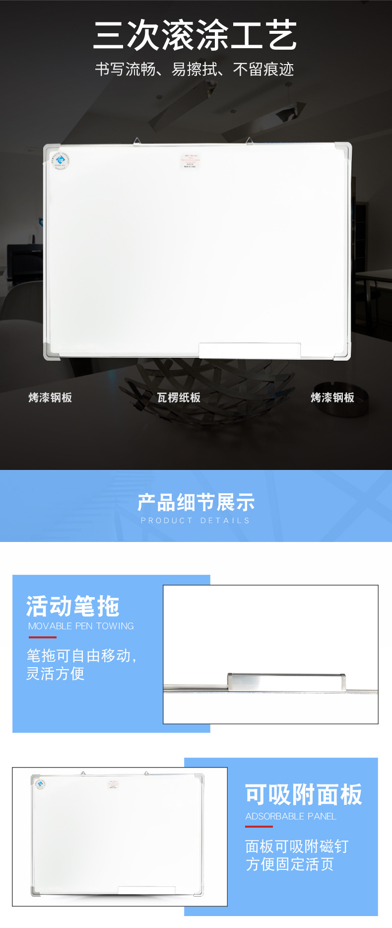 Guangrui Zinc Bottom Whiteboard Hanging Children Home Teaching Office Small Blackboard Wall Erasable Large Whiteboard Wall Sticker Writing Board